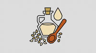 A glass bottle of oil with a cork stopper, a wooden spoon, a large drop, and a cluster of seeds.