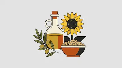 A glass bottle of oil surrounded by an olive branch, a sunflower, and a bowl of seeds.
