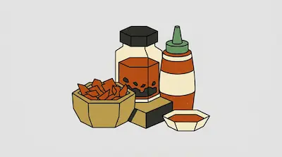 An assortment of hot sauce containers, including a squeeze bottle, a jar of chili oil, and a bowl of red pepper flakes.