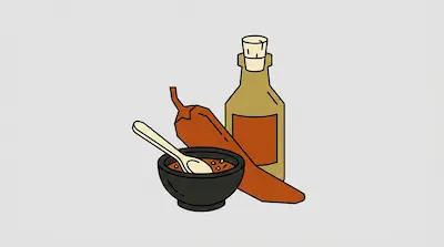 A chili pepper, a bottle with a cork, and a bowl of sauce with a spoon.