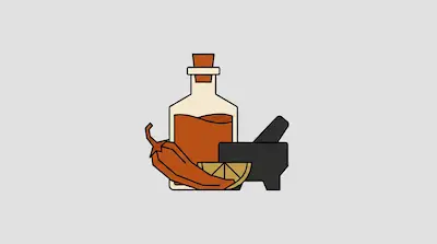 A bottle of hot sauce, a chili pepper, a lime wedge, and a mortar and pestle.