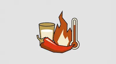 A red chili pepper, a glass of milk, a flame, and a thermometer.