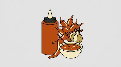 A squeeze bottle of hot sauce stands next to a pile of chili peppers, a head of garlic, and a small bowl of sauce.