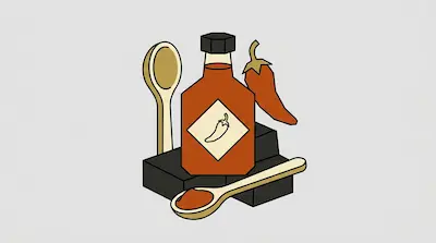 A bottle of hot sauce, a chili pepper, and two wooden spoons arranged on dark blocks.