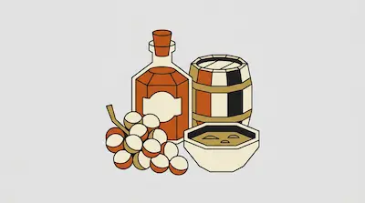 A bottle of amber liquid, a wooden barrel, a cluster of grapes, and a bowl of soup.