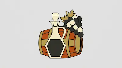 A wooden barrel, a decanter filled with dark liquid, and a cluster of grapes.