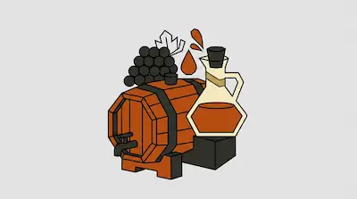 A wooden barrel, a bunch of dark grapes, and a glass decanter filled with amber liquid.