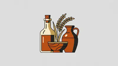 A glass bottle with a cork, a bowl, a ceramic pitcher, and stalks of grain.