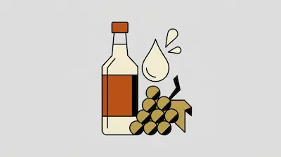 A stylized bottle with a brown label and cap next to a bunch of grapes and a large liquid droplet.