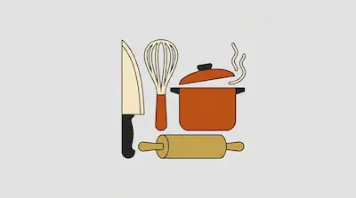 Flat illustration of kitchen tools including a chef knife, a whisk, a steaming pot, and a rolling pin on a gray background
