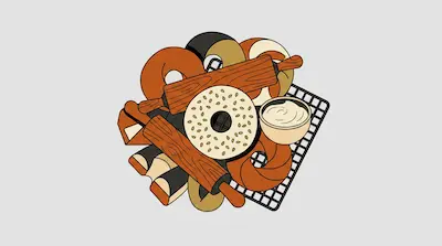 Flat illustration of bagels, rolling pins, and a bowl of cream cheese on a cooling rack over a grey background