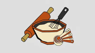 Flat illustration of a mixing bowl with a whisk, a rolling pin, and measuring spoons on a gray background