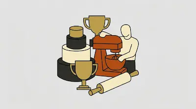 Flat illustration of a baker with a stand mixer, a tiered cake, gold trophies, and a rolling pin on a gray background