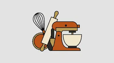 Flat illustration of an orange stand mixer, a rolling pin, and a whisk in a minimalist style on a light gray background