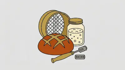 Flat illustration of a loaf of bread, a jar of sourdough starter, a flour sifter, and a bread lame on a gray background