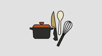 Flat illustration of a black cooking pot with an orange lid, a knife, a wooden spoon, and a whisk on a gray background