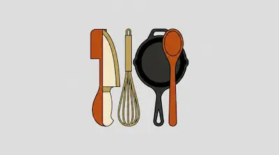 Flat illustration of a chef knife, a whisk, a cast iron skillet, and a wooden spoon on a light gray background