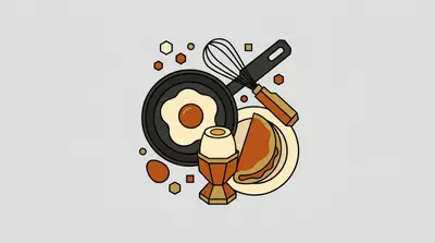 A fried egg in a skillet beside a whisk, a soft-boiled egg in an egg cup, and a folded omelette on a plate.