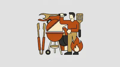 Flat illustration of a man grilling with a kettle barbecue, tongs, a spatula, and a small fire on a gray background