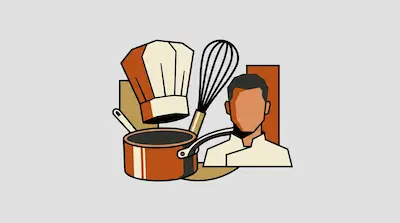 Flat illustration of a chef, a tall white toque, a whisk, and a copper pot against a light gray background