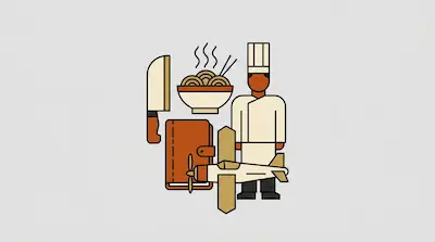 Flat illustration of a chef, a bowl of noodles, a cleaver, a notebook, and a small airplane on a gray background