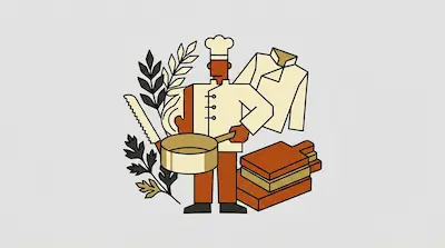 Flat illustration of a chef holding a pot, surrounded by a bread knife, cutting boards, and wheat on a gray background