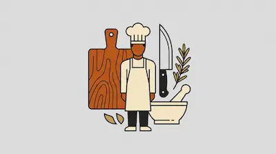Flat illustration of a chef in a white apron surrounded by a wooden cutting board, a knife, and a mortar and pestle