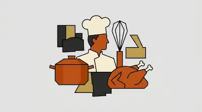 Flat illustration of a chef in a white hat surrounded by a large pot, a whisk, and a roasted turkey on a gray background