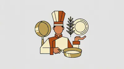 Flat illustration of a chef in a tall hat surrounded by a frying pan, a plate, and a sprig of herbs on a gray background