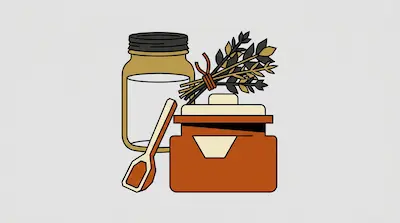 Flat illustration of a glass jar, a wooden spoon, a ceramic pot, and a bundle of dried herbs on a light gray background