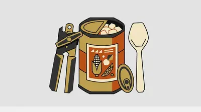 An open tin can with a vegetable label, a can opener leaning against it, a loose lid, and a spoon.