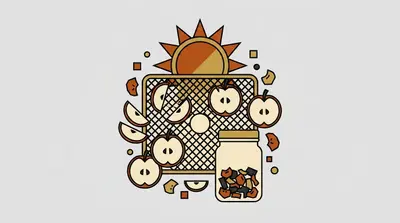 Sliced apple halves spread across a mesh drying tray, a sun rising behind it, and a jar filled with dried fruit pieces.