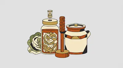 Flat illustration of a fermentation jar with cabbage, a wooden tamper, and a ceramic crock on a light grey background