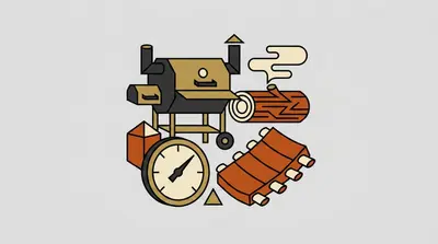 A smoker grill with smoke rising from its chimney, a wood log, a round thermometer, and a rack of ribs.