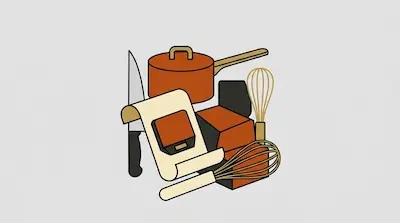 Flat illustration of kitchen tools including a copper pot, a chef knife, and two whisks on a light gray background