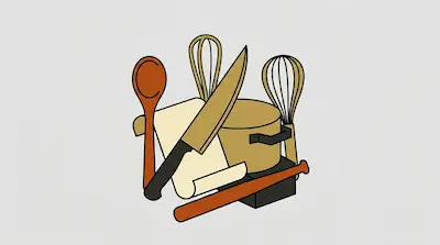 Flat illustration of kitchen tools including a chef knife, wooden spoon, and whisks on a light gray background