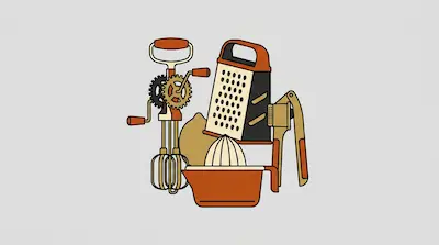 Flat illustration of vintage kitchen tools including a hand mixer, a cheese grater, and a citrus juicer on a gray background
