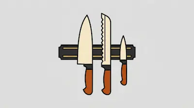 Flat illustration of three kitchen knives with wooden handles hanging on a magnetic strip against a gray background