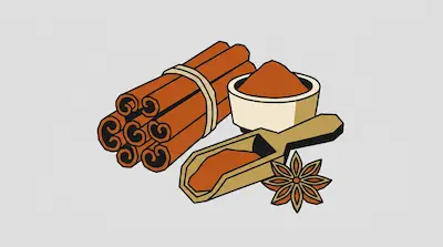 Flat illustration of a bundle of cinnamon sticks, a bowl of ground spice, and a star anise on a gray background