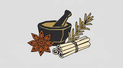 Flat illustration of a mortar and pestle with star anise, cinnamon sticks, and a rosemary sprig on a gray background