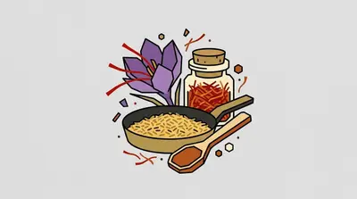 A purple crocus flower with red threads beside a corked jar of red threads, a pan of golden rice, and a wooden spoon.