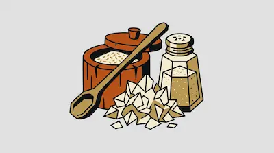 Flat illustration of a wooden salt cellar with a spoon, a salt shaker, and a pile of crystals on a gray background