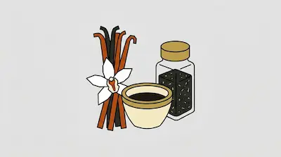 Flat illustration of vanilla beans with a white flower, a small bowl of extract, and a spice jar on a gray background