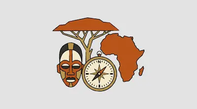 Flat illustration of an acacia tree, a tribal mask, a compass, and a map of Africa on a light gray background