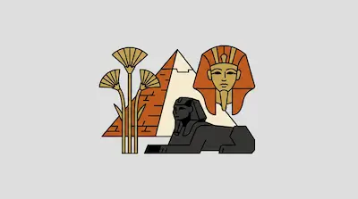 Flat illustration of a pyramid, the Great Sphinx, a pharaoh mask, and papyrus plants on a light gray background