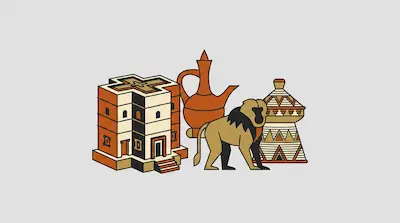 Flat illustration of a rock-hewn church, a clay coffee pot, a baboon, and a woven basket on a light gray background