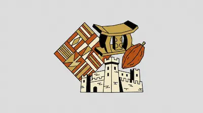 Flat illustration of a golden stool, a kente cloth pattern, a cocoa pod, and a stone castle on a gray background