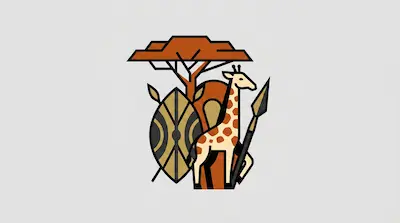 Flat illustration of a giraffe standing by a tribal shield, a spear, and an acacia tree on a light gray background