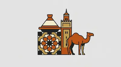 Flat illustration of a dromedary camel standing next to a minaret tower and a tagine pot on a light gray background