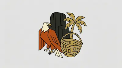 Flat illustration of a brown eagle, a woven basket, and a palm tree against a dark rock on a light grey background